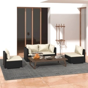 Градински лаундж комплект с възглавници 4 части полиратан черен