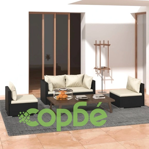 Градински лаундж комплект с възглавници 4 части полиратан черен ➤ топ цена ➤ sorbe.bg