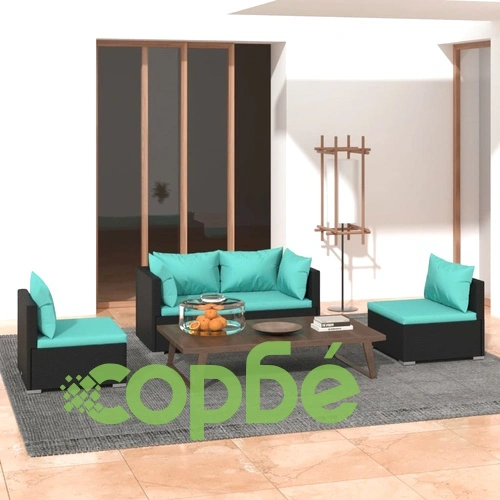 Градински лаундж комплект с възглавници 4 части полиратан черен ➤ топ цена ➤ sorbe.bg