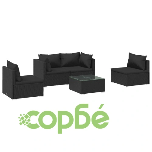 Градински лаундж комплект с възглавници 5 части полиратан черен ➤ топ цена ➤ sorbe.bg