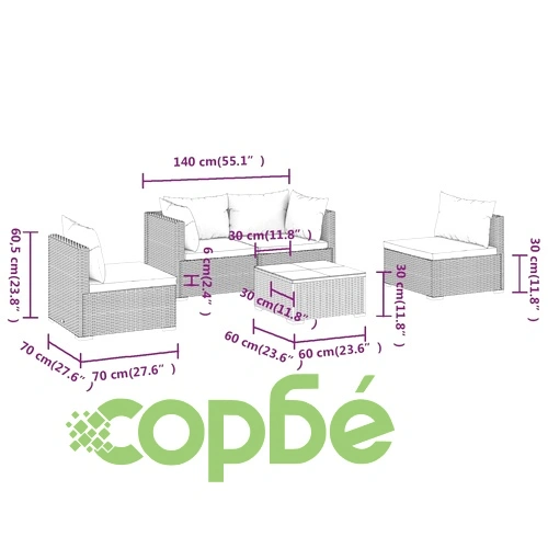 Градински лаундж комплект с възглавници 5 части полиратан черен ➤ топ цена ➤ sorbe.bg