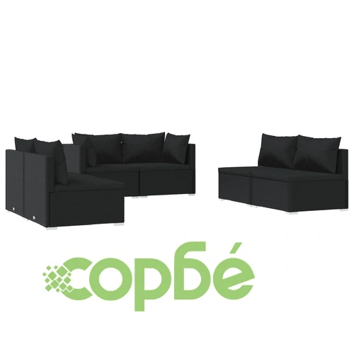Градински лаундж комплект с възглавници 6 части черен полиратан ➤ топ цена ➤ sorbe.bg