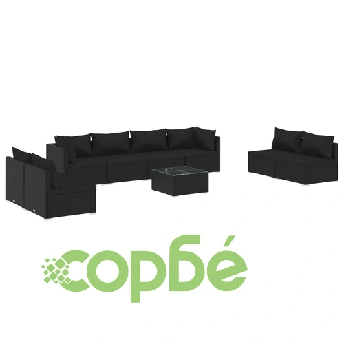 Градински лаундж комплект с възглавници 9 части полиратан черен ➤ топ цена ➤ sorbe.bg