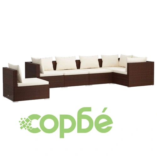 Градински лаундж комплект с възглавници 6 части полиратан кафяв ➤ топ цена ➤ sorbe.bg