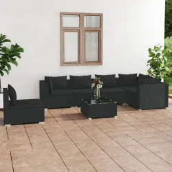 Градински лаундж комплект с възглавници 7 части полиратан черен