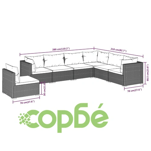 Градински лаундж комплект с възглавници 7 части полиратан черен ➤ топ цена ➤ sorbe.bg