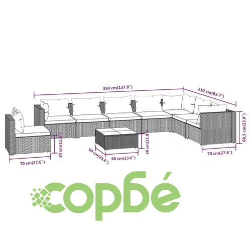 Градински лаундж комплект с възглавници 9 части полиратан сив ➤ топ цена ➤ sorbe.bg