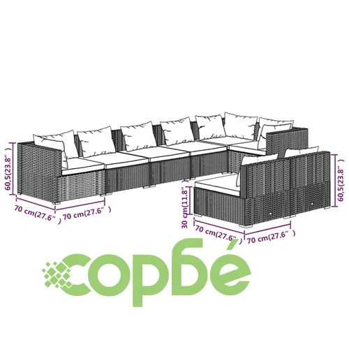 Градински лаундж комплект с възглавници 8 части полиратан черен ➤ топ цена ➤ sorbe.bg