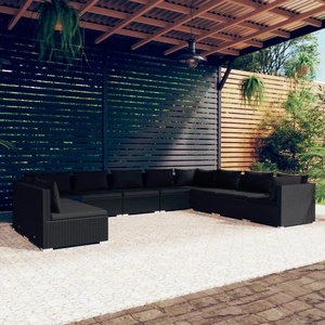 Градински лаундж комплект с възглавници 10части полиратан черен