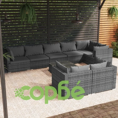 Градински лаундж комплект с възглавници 9 части сив полиратан ➤ топ цена ➤ sorbe.bg