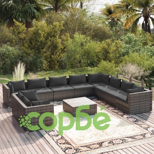 Градински комплект с възглавници, 11 части, сив, полиратан ➤ топ цена ➤ sorbe.bg