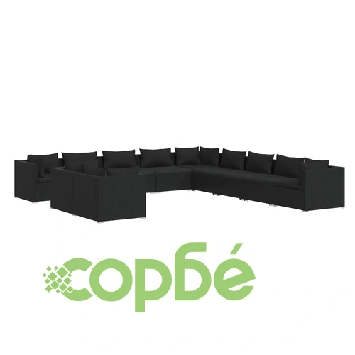 Градински лаундж комплект с възглавници 11части черен полиратан ➤ топ цена ➤ sorbe.bg