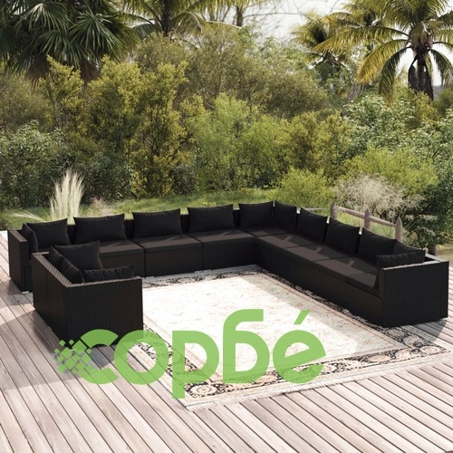 Градински лаундж комплект с възглавници 11части черен полиратан ➤ топ цена ➤ sorbe.bg