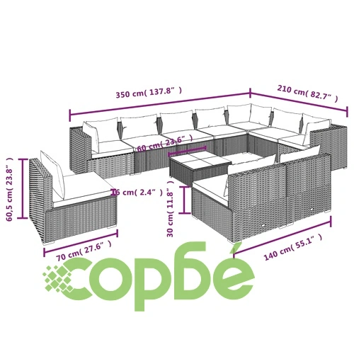 Градински комплект с възглавници 11 части полиратан черен ➤ топ цена ➤ sorbe.bg