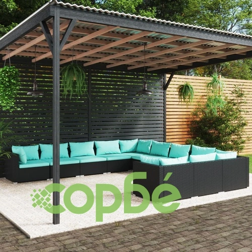 Градински комплект с възглавници 11 части полиратан черен ➤ топ цена ➤ sorbe.bg