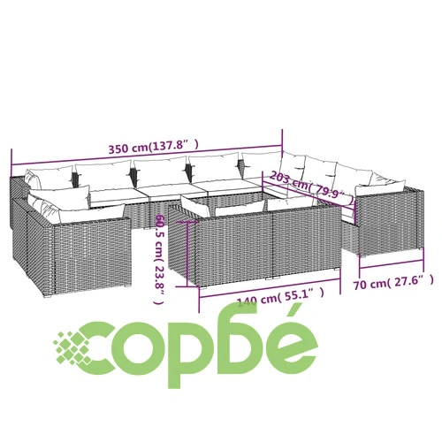 Градински комплект с възглавници 12 части черен полиратан ➤ топ цена ➤ sorbe.bg
