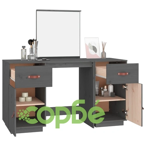 Комплект тоалетка с огледало,Сив, борово дърво масив ➤ топ цена ➤ sorbe.bg