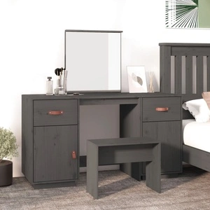 Комплект тоалетка с огледало,Сив, борово дърво масив