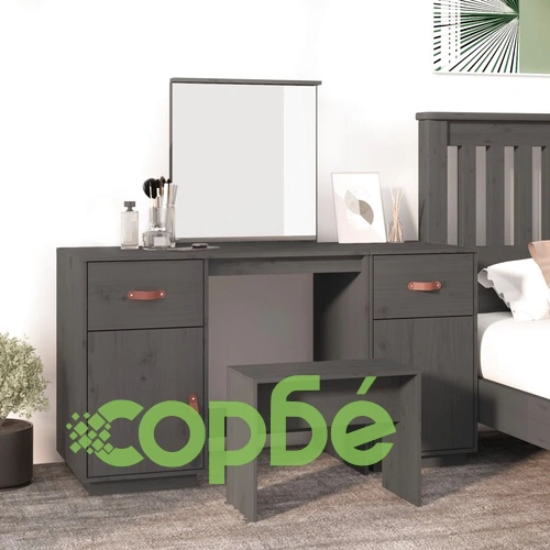 Комплект тоалетка с огледало,Сив, борово дърво масив ➤ топ цена ➤ sorbe.bg