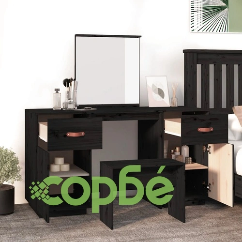 Комплект тоалетка с огледало,черен, борово дърво масив ➤ топ цена ➤ sorbe.bg