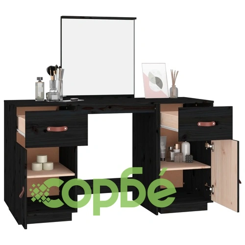 Комплект тоалетка с огледало,черен, борово дърво масив ➤ топ цена ➤ sorbe.bg