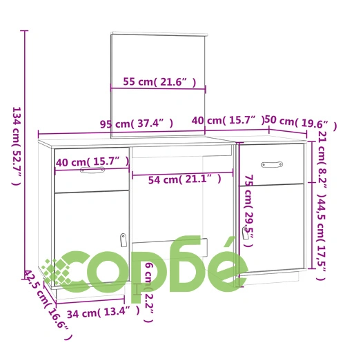 Комплект тоалетка с огледало,черен, борово дърво масив ➤ топ цена ➤ sorbe.bg