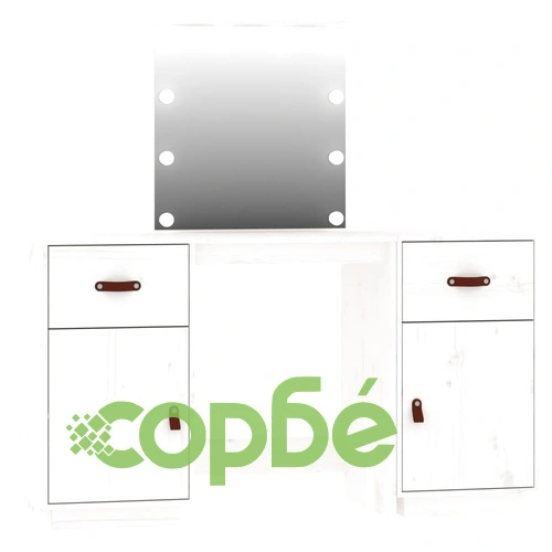 Комплект тоалетка с LED, бяла, борово дърво масив ➤ топ цена ➤ sorbe.bg