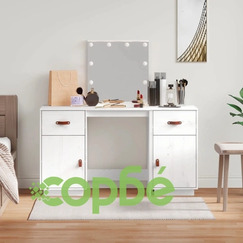 Комплект тоалетка с LED, бяла, борово дърво масив ➤ топ цена ➤ sorbe.bg