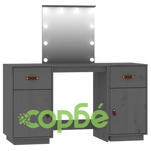 Комплект тоалетка с LED, сива, борово дърво масив ➤ топ цена ➤ sorbe.bg