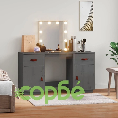Комплект тоалетка с LED, сива, борово дърво масив ➤ топ цена ➤ sorbe.bg