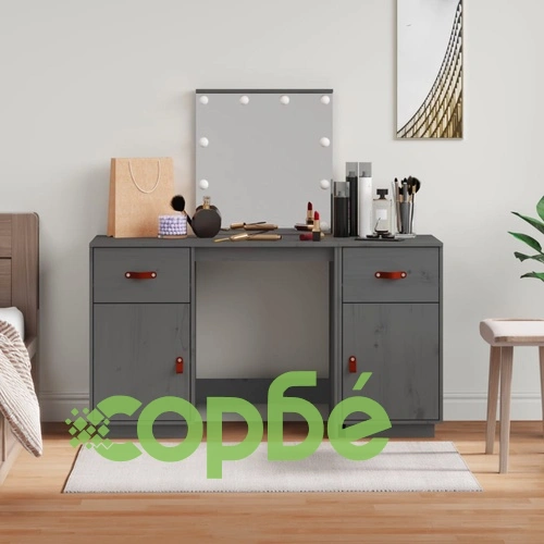 Комплект тоалетка с LED, сива, борово дърво масив ➤ топ цена ➤ sorbe.bg