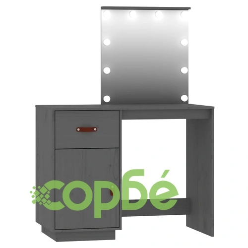Комплект тоалетка с LED, сива, борово дърво масив ➤ топ цена ➤ sorbe.bg
