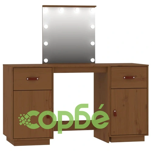 Комплект тоалетка с LED, Меденокафяв, борово дърво масив ➤ топ цена ➤ sorbe.bg