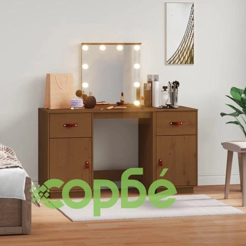 Комплект тоалетка с LED, Меденокафяв, борово дърво масив ➤ топ цена ➤ sorbe.bg