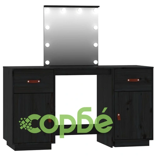 Комплект тоалетка с LED, черна, борово дърво масив ➤ топ цена ➤ sorbe.bg