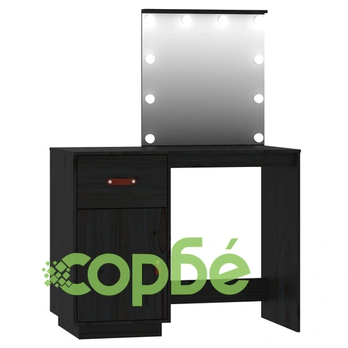 Комплект тоалетка с LED, черна, борово дърво масив ➤ топ цена ➤ sorbe.bg