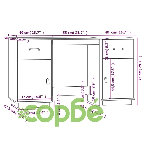 Бюро с шкафове, 135x50x75 см, борово дърво масив ➤ топ цена ➤ sorbe.bg