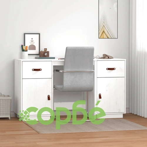 Бюро с шкафове, бял, 135x50x75 см, борово дърво масив ➤ топ цена ➤ sorbe.bg