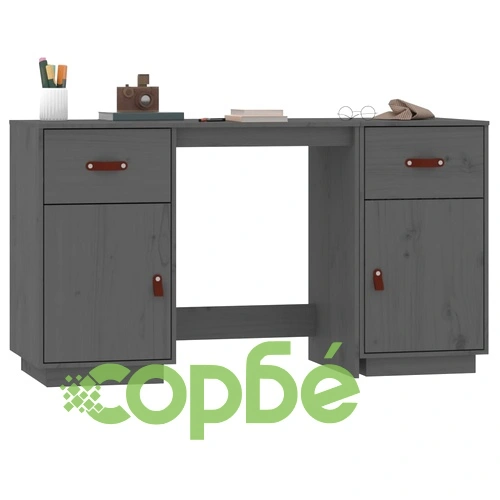 Бюро с шкафове, сиво, 135x50x75 см, борово дърво масив ➤ топ цена ➤ sorbe.bg