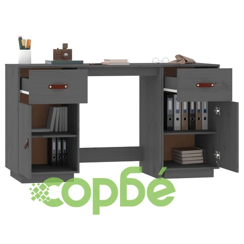 Бюро с шкафове, сиво, 135x50x75 см, борово дърво масив ➤ топ цена ➤ sorbe.bg