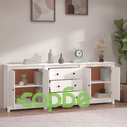 Сайдборд, бял, 210x35x80 см, бор масив ➤ топ цена ➤ sorbe.bg