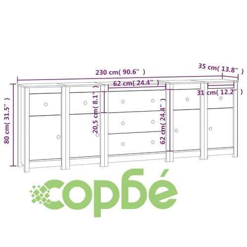 Сайдборд, бял, 230x35x80 см, бор масив ➤ топ цена ➤ sorbe.bg