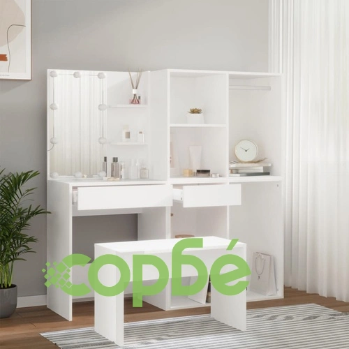 Комплект тоалетка с LED, бяла, инженерно дърво ➤ топ цена ➤ sorbe.bg