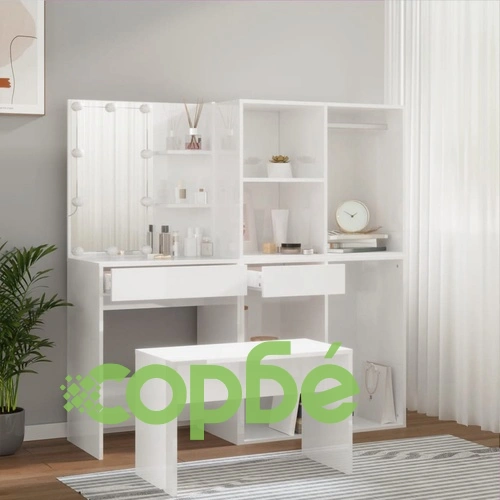 Комплект тоалетка с LED, бял гланц, инженерно дърво ➤ топ цена ➤ sorbe.bg