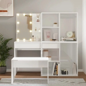 Комплект тоалетка с LED, бял гланц, инженерно дърво