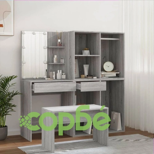 Комплект тоалетка с LED, сив сонома, инженерно дърво ➤ топ цена ➤ sorbe.bg