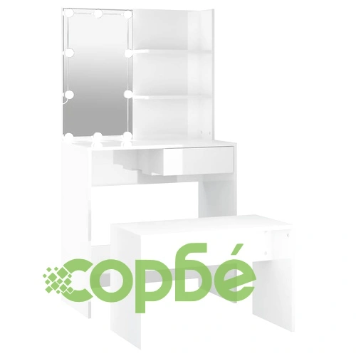 Комплект тоалетка с LED, бял гланц, инженерно дърво ➤ топ цена ➤ sorbe.bg