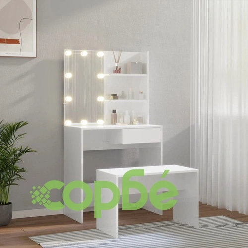 Комплект тоалетка с LED, бял гланц, инженерно дърво ➤ топ цена ➤ sorbe.bg