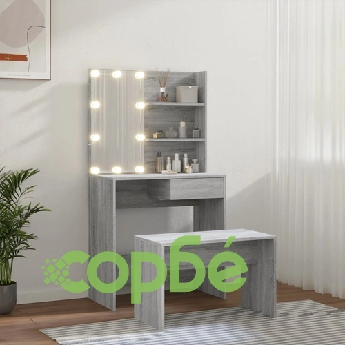 Комплект тоалетка с LED, сив сонома, инженерно дърво ➤ топ цена ➤ sorbe.bg