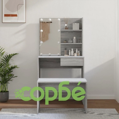 Комплект тоалетка с LED, сив сонома, инженерно дърво ➤ топ цена ➤ sorbe.bg